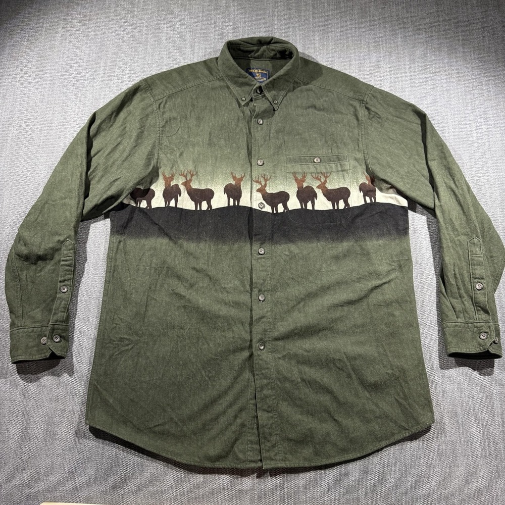 Woolrich‎ Shirt Mens Large Green Deer Flannel Long Sleeve Button Up Hunting